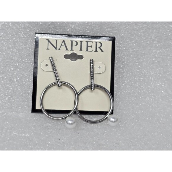 Napier Silver-Tone Hoop Earrings With Faux Pearl & Rhinestone Accents - Picture 1 of 2